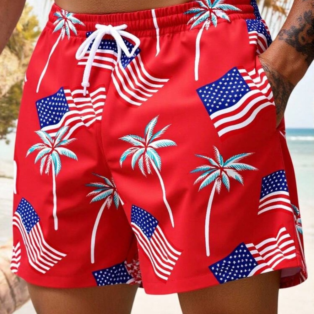 Manfinity Coconut Tree & National Flag Printing Pattern Men Beach Shorts